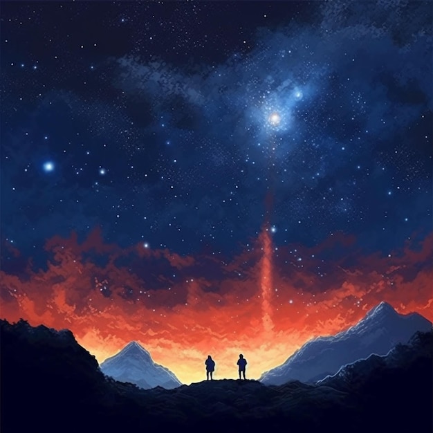 Céu noturno de Starr com duas pessoas em pé em uma colina generativa ai