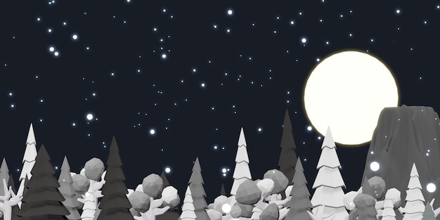 Céu noturno em uma noite de inverno com neve e ilustração 3D de lua cheia