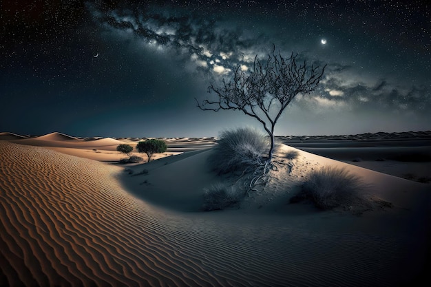 Céu noturno escuro em dunas solitárias e secas do deserto