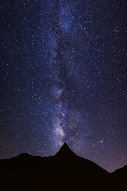 Céu noturno estrelado com alta montanha e galáxia da Via Láctea com estrelas e poeira espacial no universo