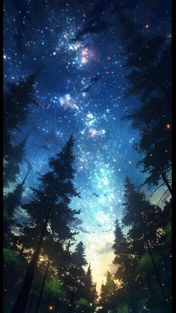 céu noturno estrelado com árvores e uma pessoa andando em um caminho generativo ai