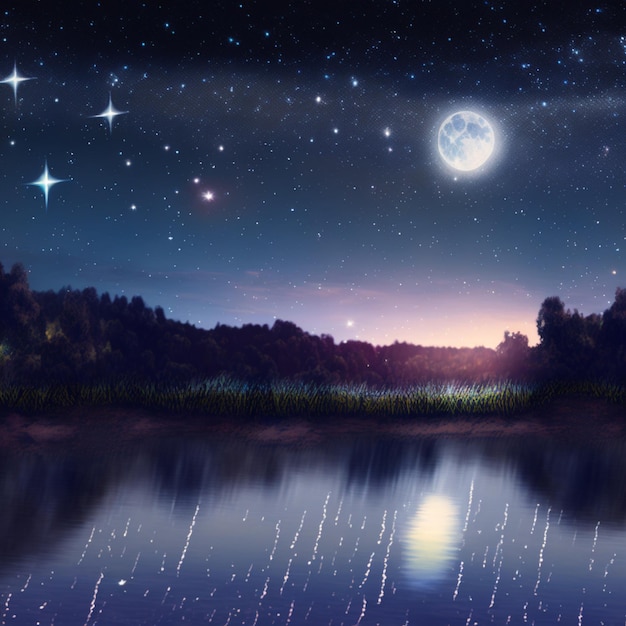 Céu noturno estrelado com um lago e estrelas ao fundo generative ai
