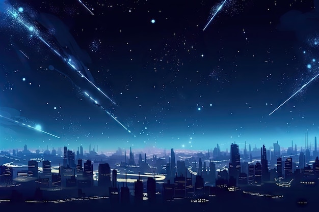 Céu noturno estrelado sobre cidade futurista com estrelas cadentes e galáxias distantes visíveis