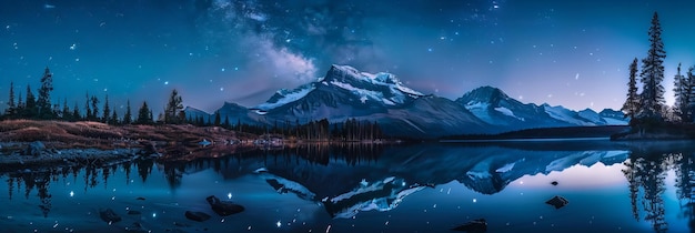 Céu noturno estrelado sobre montanha e lago refletor Via Láctea vista Conceito de natureza e universo