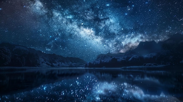 Céu noturno estrelado sobre o Lago Tranquil Ilustração de cena natural