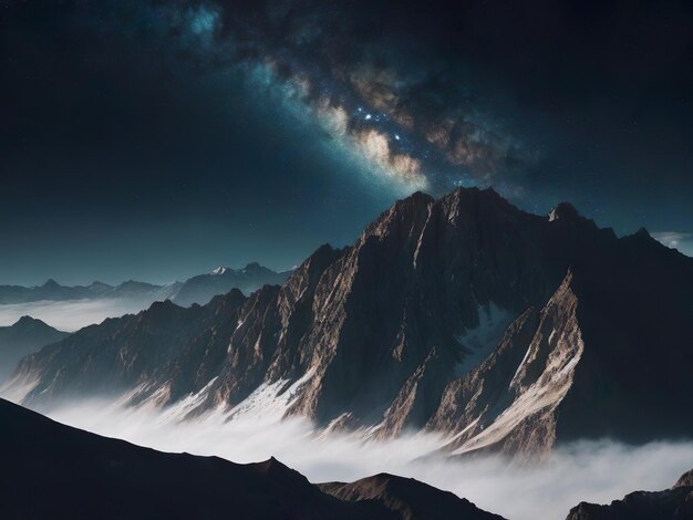 Foto céu noturno estrelado sobre os picos das montanhas