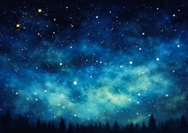 céu noturno Estrelas Árvores ilustração em primeiro plano brilhando azul flocos dourados dispersos interestelar