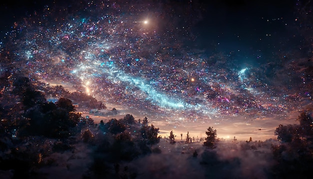 Céu noturno fantástico com estrelas cintilantes sobre a floresta enevoada