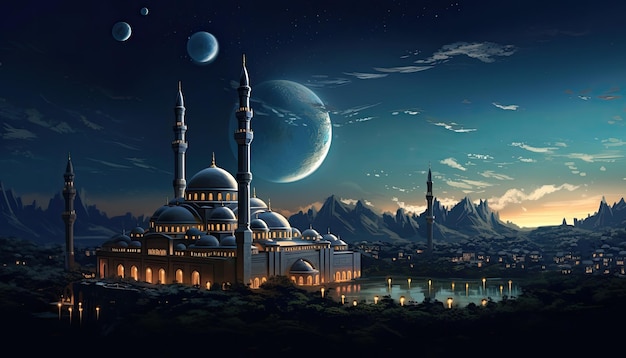 céu noturno lua crescente iluminescente estrela brilhante flutuando perto de mesquitas de lua abaixo islâmicas