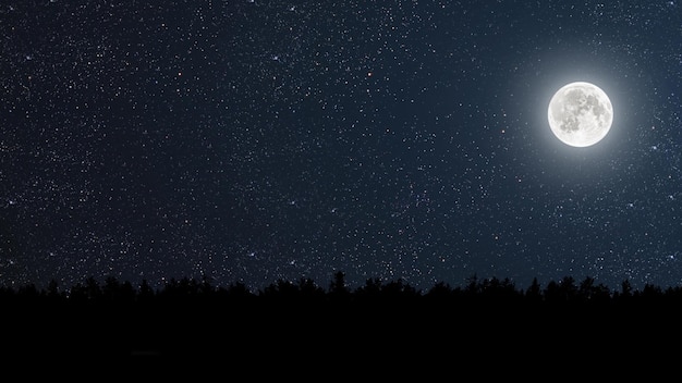 Céu noturno na floresta com estrelas e lua