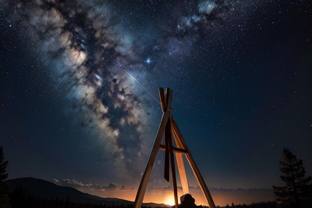 Céu noturno romântico da Via Láctea cheio de estrelas a garota olhando para o céu estrelado sente saudades de você