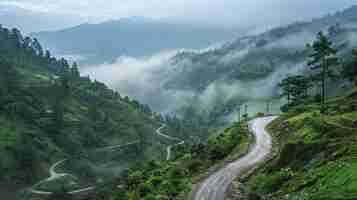 Foto céu nublado e curva da estrada do himalaia paisagem de monções de garhwal uttarakhand índia clima ch