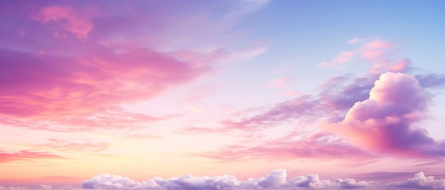 Céu panorâmico bonito com nuvens de um céu rosa e roxo no pôr-do-sol Gerar imagem de IA