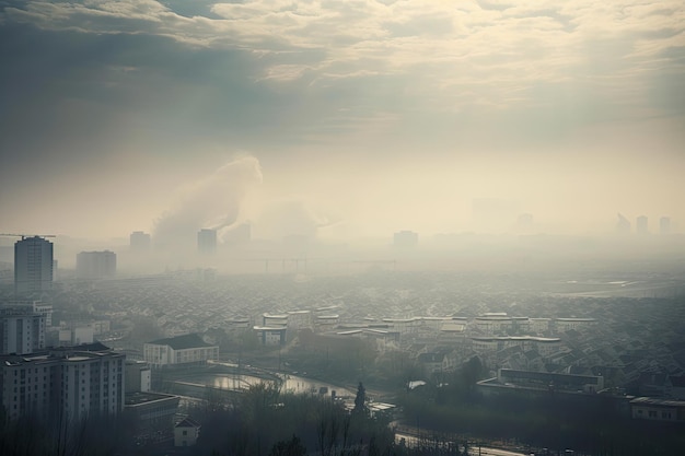 Céu poluído pela poluição atmosférica com vista para a paisagem natural ou paisagem urbana ao fundo