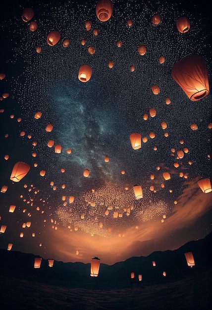 Céu repleto de lanternas do céu AI Gerado