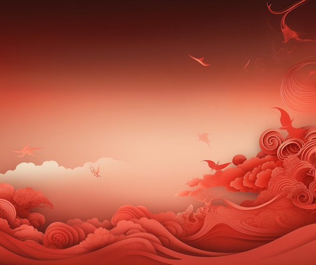 Céu vermelho e fundo de nuvem branca com pássaros e árvores GenerativeAI estilo chinês estilo papercut
