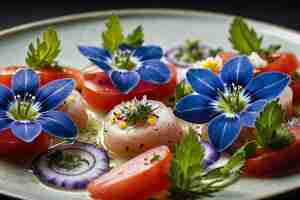 Foto ceviche adornado con flores de borraja comestibles