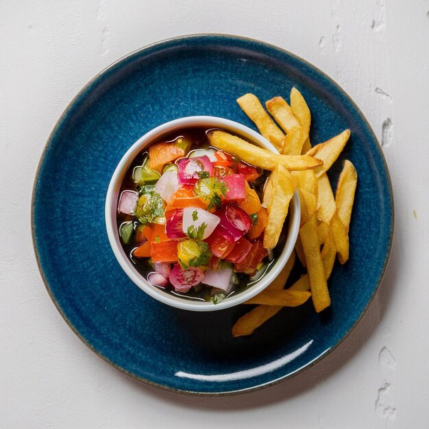 Foto ceviche de cangrejo con patatas fritas de yuca