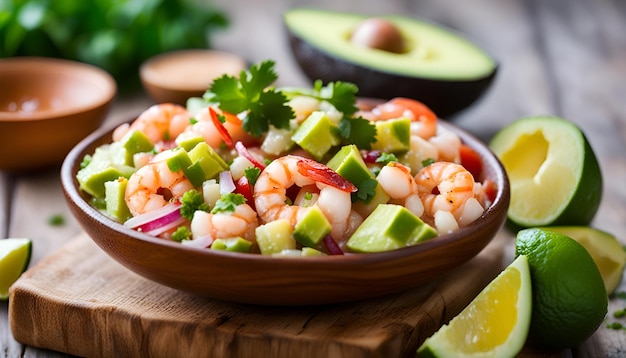 Ceviche de camarão e abacate