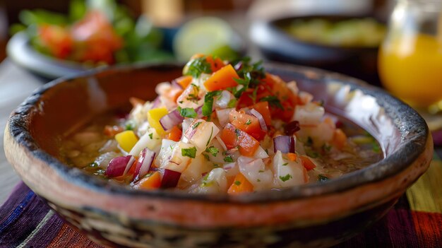 Ceviche de camarão fresco marinado com cítricos em uma tradicional tigela de barro