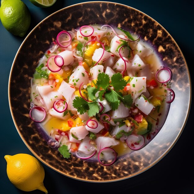 Foto ceviche pescado fresco curado con chiles y acompañamientos