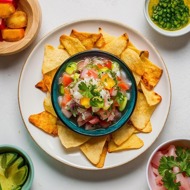 Foto ceviche de pescado con papas fritas de yuca