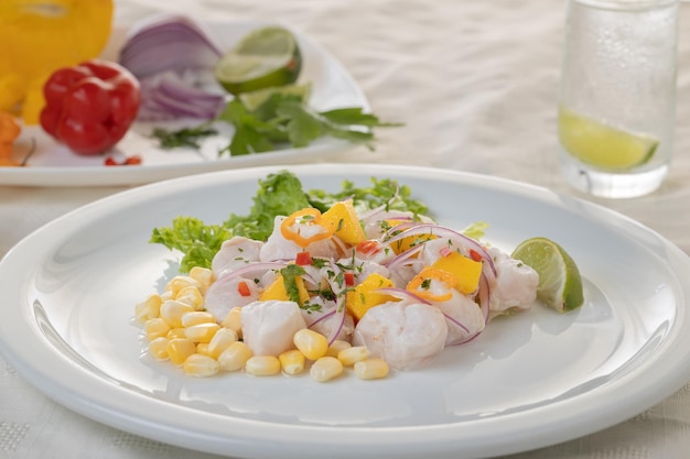 Ceviche plato típico a base de pescado de la cocina peruana en plato blanco