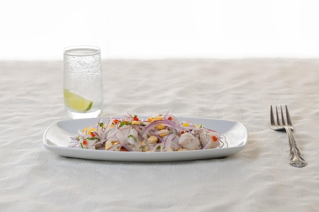 Ceviche plato típico a base de pescado de la cocina peruana presentado en un plato rectangular con espacio para copiar