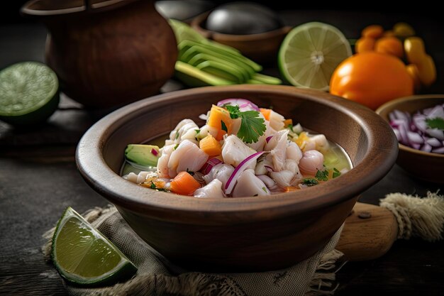 Ceviche plato tradicional colombiano elaborado con pescado crudo y jugos cítricos creados con ai generativa