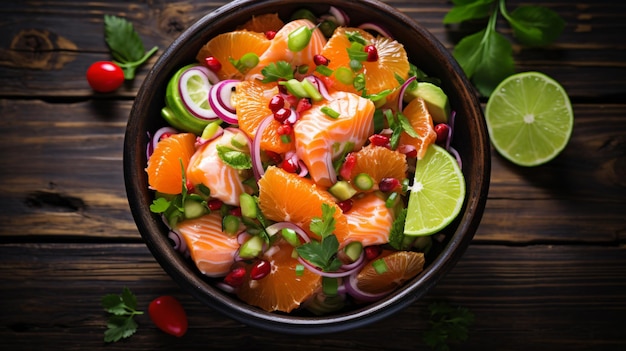 Ceviche de salmón con cítricos y productos frescos