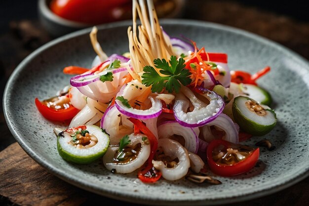 Foto ceviche servido com cogumelos enoki grelhados