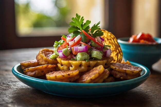 Foto ceviche servido com tostões de plátano crocantes