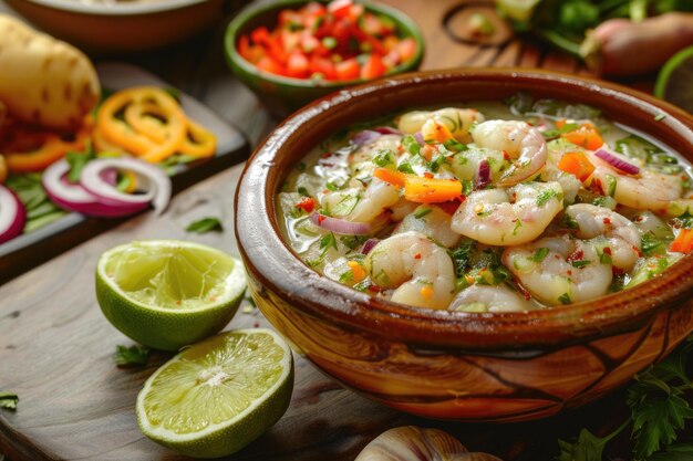 Ceviche tradicional peruano con acompañamientos y jugo picante