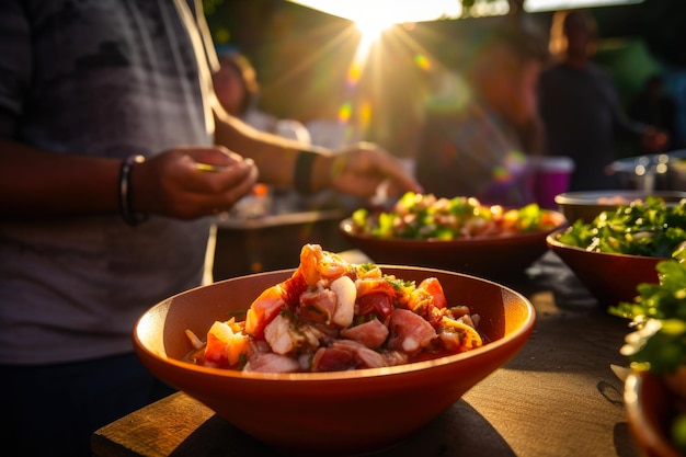 Ceviche vibrante de joia culinária exibido no mercado