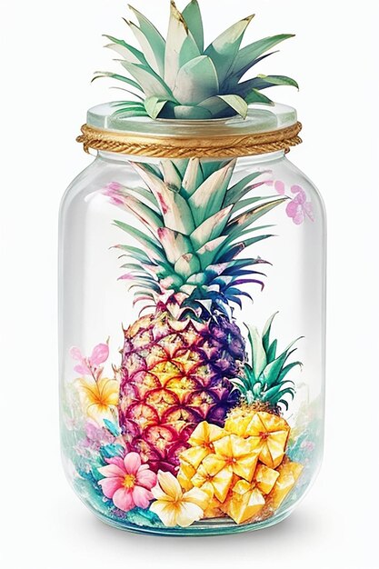 CF 09 _ Abacaxi fofo floral colorido em uma jarra mágica PNG