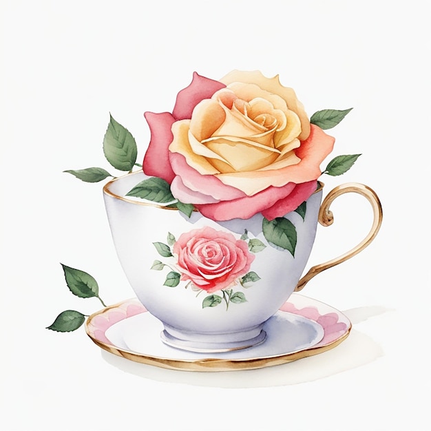 CF 09 _ Clipart de flores de taza de té de acuarela