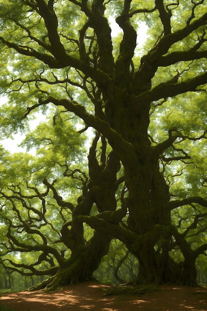 CG estilo hiperrealista dos árboles retorcidos gigantes en el bosque creados con tecnología de IA generativa