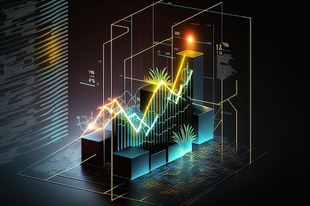 CGráfico de economía verde sobre fondo de neón colorido oscuro AI