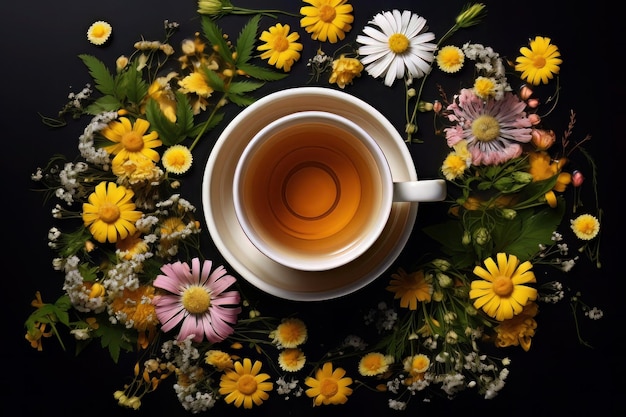 chá com ervas e flores em uma xícara