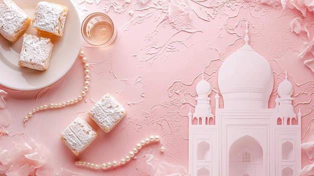 chá com fundo de silhueta de mesquita branca intrincada e itens delicados como pérolas e doces