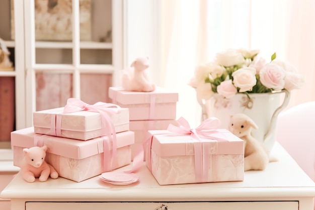 Chá de bebê para uma menina com caixas de presente rosa pálido, brinquedos e flores Generative AI