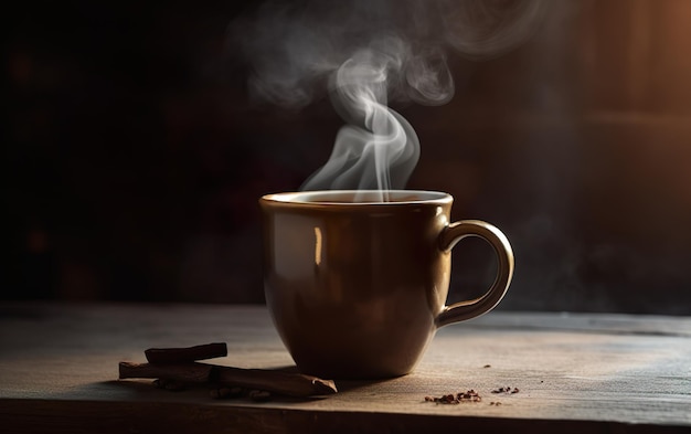 Chá de café quente ou chocolate em xícara de cerâmica em prancha de madeira em fundo escuro AI Generative AI