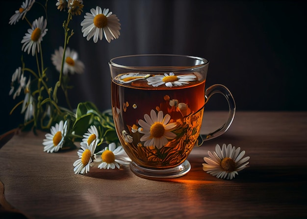 Chá de camomila em copo transparente de fundo de madeira com relaxamento e desintoxicação de bebida aromática quente
