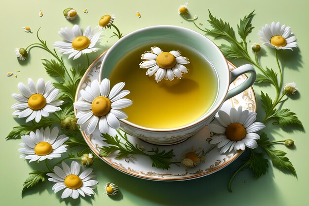 chá de camomila em um copo de vidro com flores