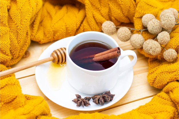 Chá de canela quente aromático coberto com um lenço quente sobre um fundo de outono de madeira. potinho de mel com mel