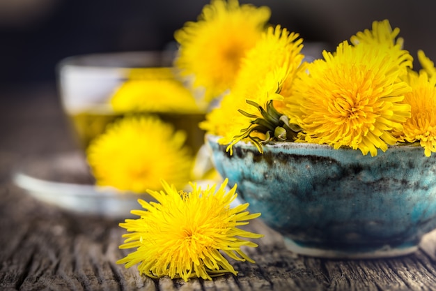 Chá de dente de leão. Flores amarelas de dente de leão e xícaras de chá.