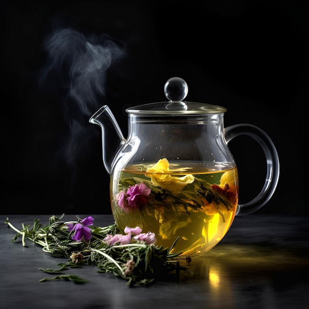 Chá de ervas com flores em bule de vidro em fundo escuro gerado por IA
