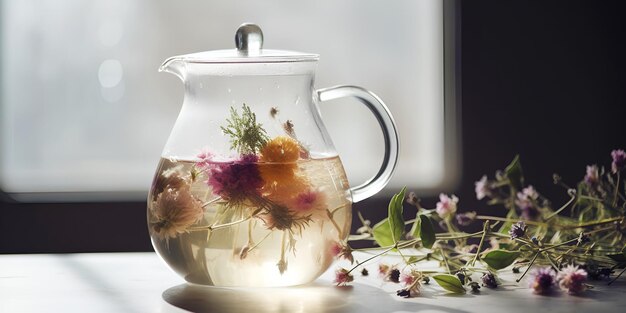 Chá de ervas com flores em bule de vidro na mesa gerada por IA