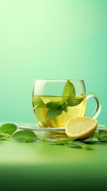 Chá de ervas com limão Chá de hortelã ou bálsamo de limão em um copo transparente sobre um fundo verde claro Folhas de limão e hortelã Uma bebida saudável rica em vitamina C Ideal para desintoxicação Formato vertical Espaço de cópia