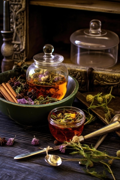 Chá de ervas e itens essenciais de spa para relaxamento criados com IA generativa